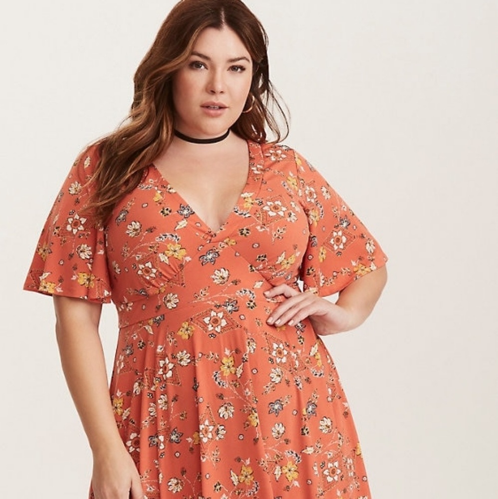 Torrid Floral Jersey Knit Flutter Sleeve Dress